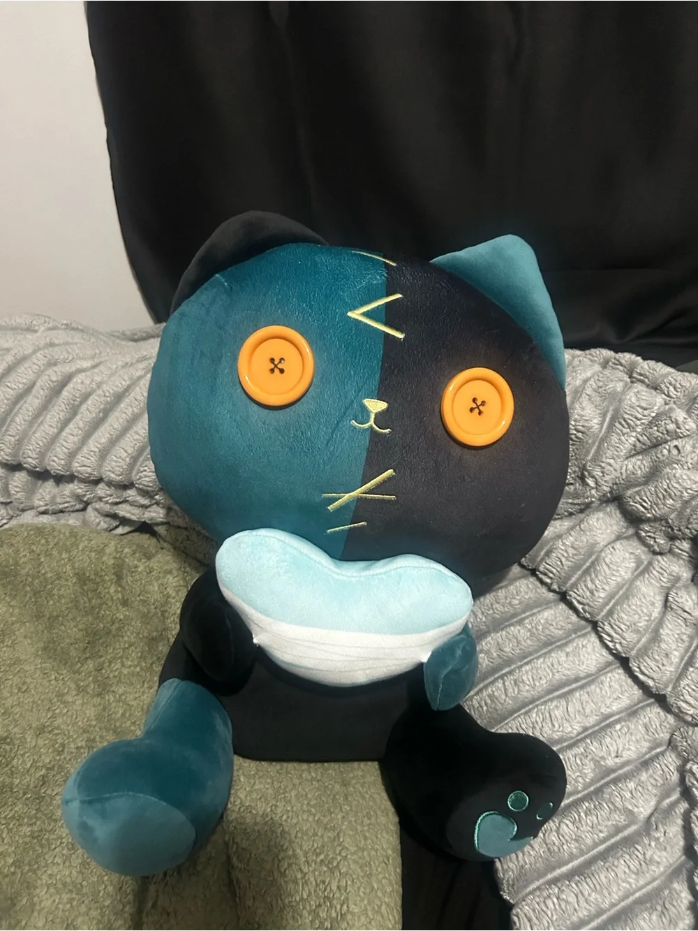 Plush Cat Toy in Teal and Black with Orange Button Eyes - Soft Pet Comfort